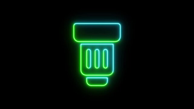 Bright neon glowing camera lens icon on a black background