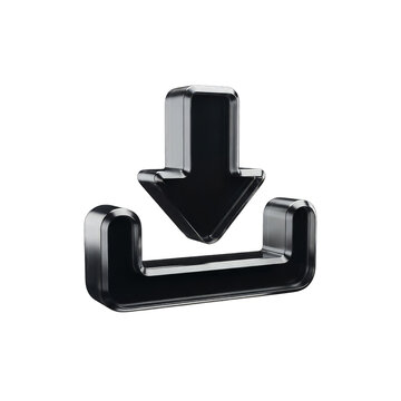 3D rendered icon of glossy black download symbol modern minimalist arrow sign for digital interface design isolated on white