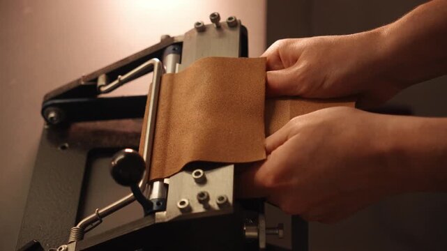 Female artisan feeds natural leather through a manual splitting machine to thin the material. Leathercraft process for handmade goods, fashion, design and small business