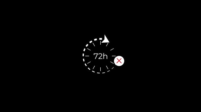72 hour clock icon with rotating arrow and dynamic time indicator animation.
