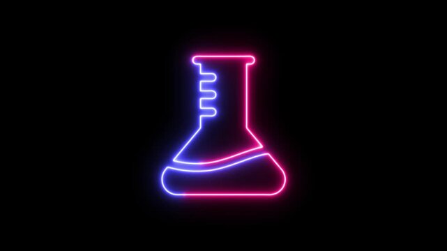 Neon glowing science laboratory beaker icon with pink and blue light