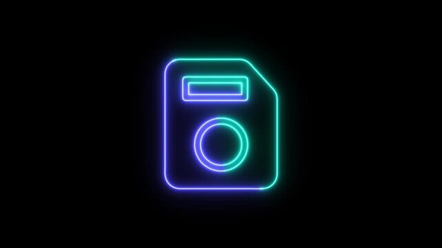 Glowing neon light save icon in blue and cyan color