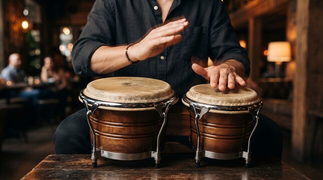 Musician Playing Bongo Drums Close Up, Hands Playing Percussion Instrument in Cozy Cafe Bar
