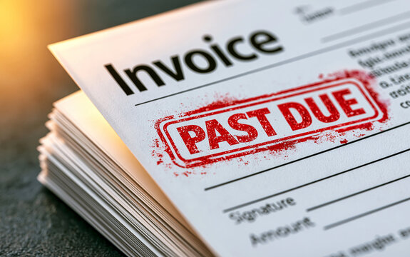 Close-up view of a white paper invoice document with a bold red past due stamp marking the text clearly visible on the page.