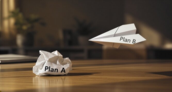 A crumpled white paper ball labeled Plan A rests on a wooden desk while a sleek white paper airplane marked Plan B flies forward against a warm, softly blurred office interior background.