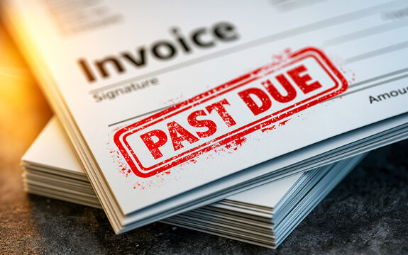 Close-up view of a white paper invoice document with a bold red past due stamp marking the text clearly visible on the page.