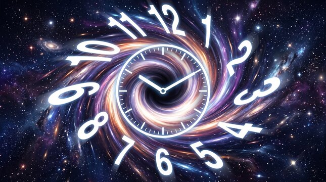 Warped Time: A clock face merges with a swirling galaxy and black hole, symbolizing the concept of time travel and the mysteries of the universe.