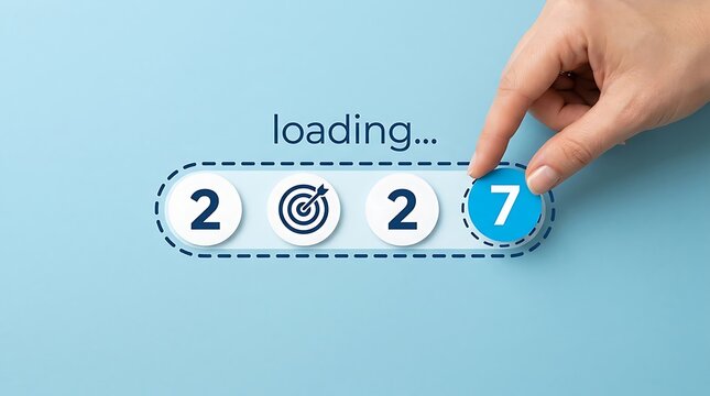 Human hand places final 2027 year button on a blue loading progress bar for future success