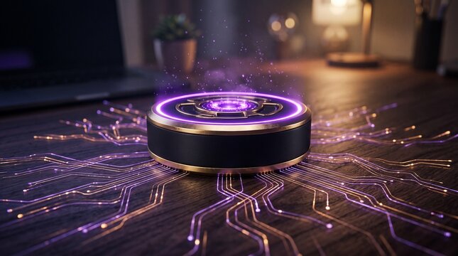 Futuristic Tech Device: A sleek, circular device glows with purple energy, radiating circuit board patterns across a desk, symbolizing advanced technology and innovation.