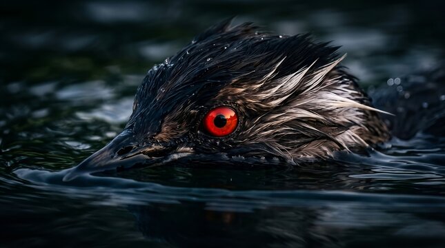 white-tufted grebe (Rollandia rolland) closeup on sunset time
