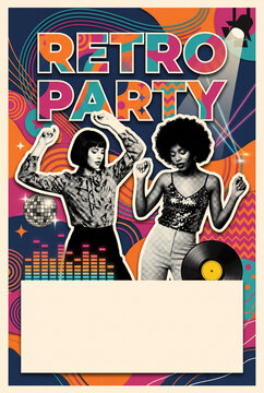Retro party poster template with halftone dancing women and vinyl record collage on colorful wavy background for music event invitation flyer featuring large white copyspace box