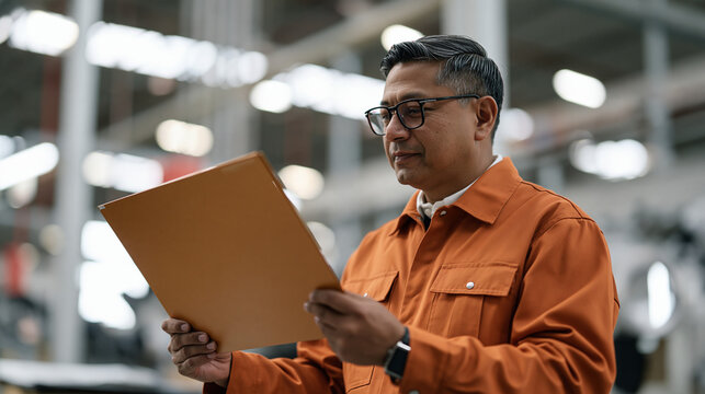 An automotive paint inspector in warehouse facility holding large flat color panel at multiple angles under standardized inspection lighting, scrutinizing surface for orange peel