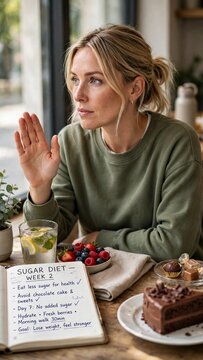 Vertical Woman on sugar diet showing willpower against cake temptation