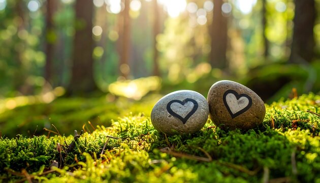 Two Stones with Heart Symbols in Forest Setting