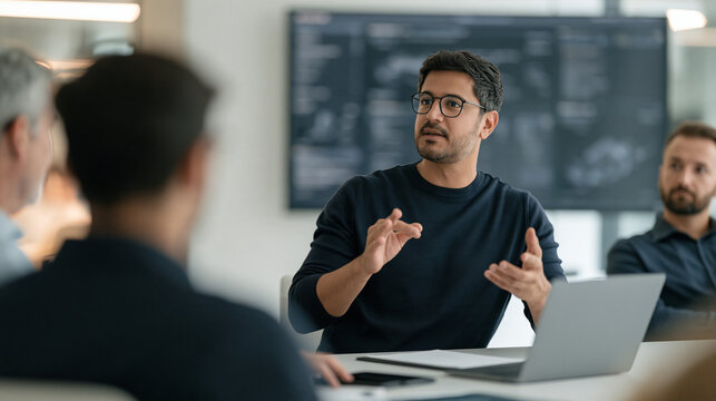 a closed caption accessibility screen is visible during a live meeting as a nuclear engineering team onboards a first day worker, crowded conference room over the shoulder view, a