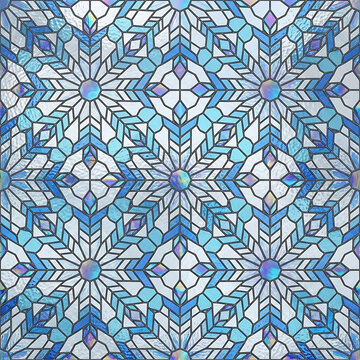 Seamless blue and white geometric snowflake stained glass window pattern