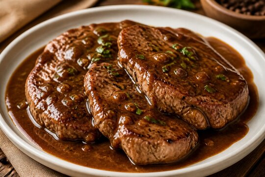 Grilled steak with peppercorn sauce on white plate closeup