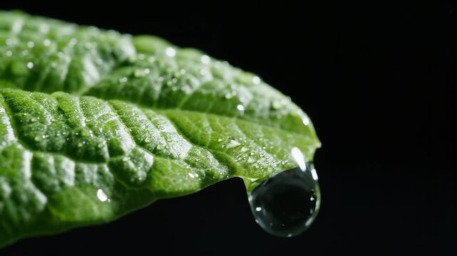 Water droplet on green leaf close up, fresh dew drop dripping from plant leaf, macro nature background 4K Video