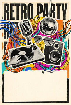 Vintage style retro party poster template with music equipment collage including microphone disco ball and record player on colorful paper texture background for event with copyspace