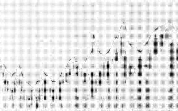 Abstract halftone financial trading chart showing stock market data fluctuations with dot pattern