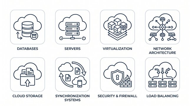 Minimalist cloud infrastructure icon set featuring databases, servers, virtualization, network architecture, cloud storage, and synchronization systems.