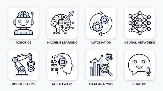 Minimalist artificial intelligence icon set featuring robotics, machine learning, automation, neural networks, robotic arms, and AI software.