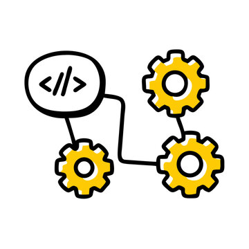 Software development process flow icon with yellow gear cogs.