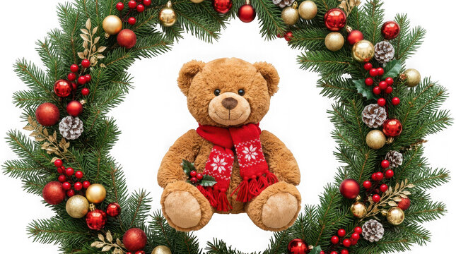 Cute teddy bear wearing a red snowflake scarf inside a christmas wreath isolated on transparent background