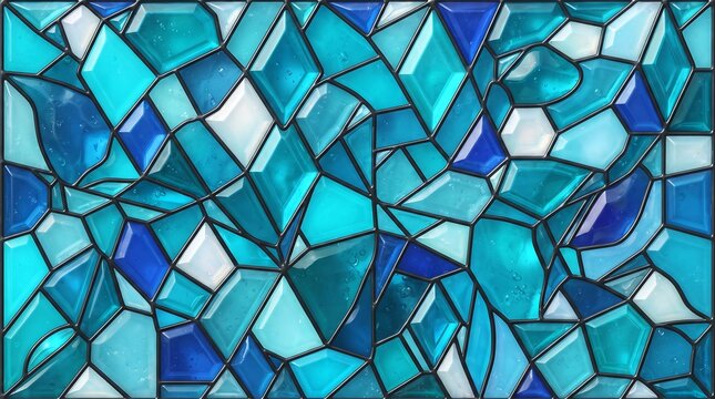 Electric turquoise glass tessellation creates a fractured geometric pattern with varying shades of blue mosaic azure cobalt cyan