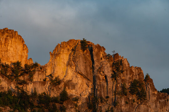 Seneca Rocks quartzite ridge in golden evening light, Monongahela National Forest, West Virginia