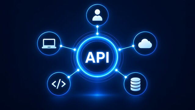 API application programming interface concept with glowing digital network connections to cloud database and code icons