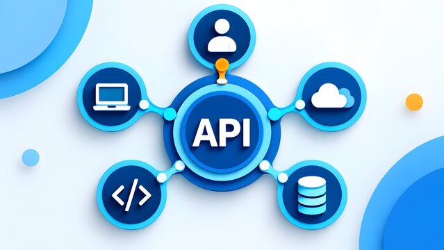 3D layered API application programming interface concept with digital network connection icons representing software integration