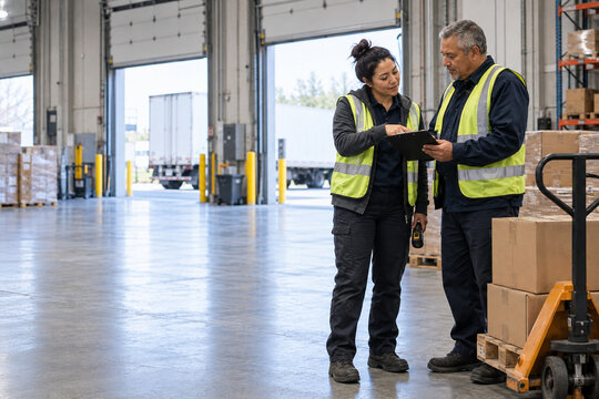 Warehouse Workers Completing Shift Handover With Clipboard