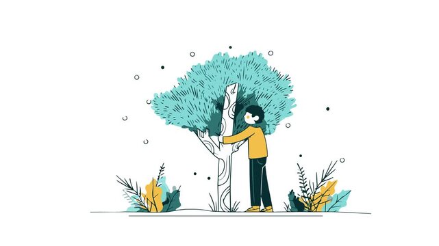 man hugging big green tree in nature flat animation video