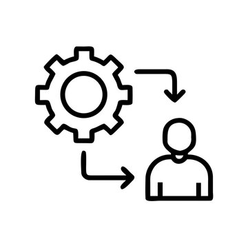 Gear and person icon with arrows, representing user interaction and process.