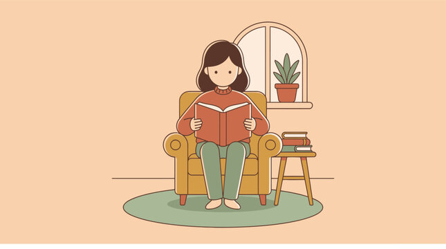 Young girl sitting on armchair reading a book in a cozy room