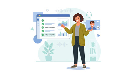 Fototapeta premium Businesswoman with headset and tablet showing online meeting, data analysis, and successful setup in flat vector illustration.