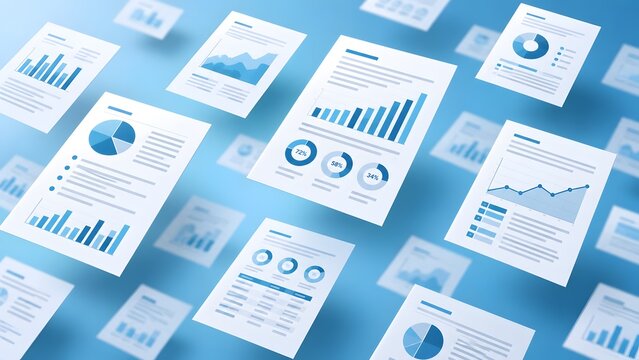 Floating business documents with financial charts and analytics graphs in isometric view representing corporate data reporting