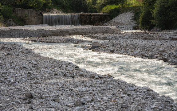 view of the place where the Soal stream flows into the Avisio River, Pera di fassa, Val di fassa, Dolomites, Italy
