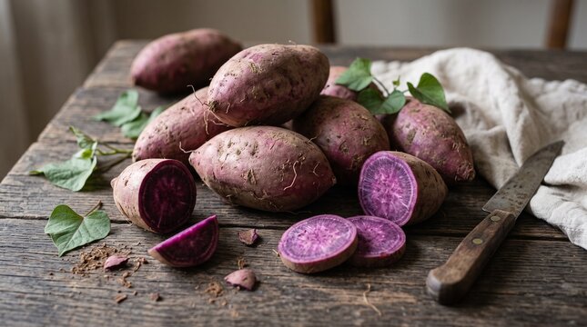 Purple sweet potatoes on table