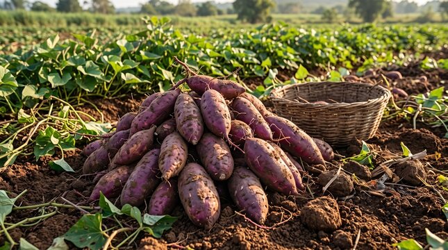 Harvesting purple sweet potatoes