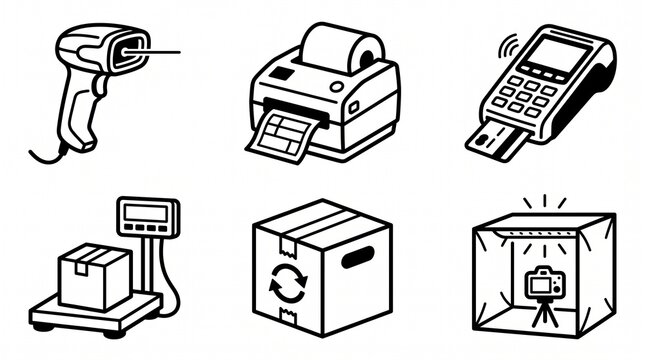 E-commerce and Online Business Black and White Vector Icon Set with Barcode Scanner Printer and Payment Terminal