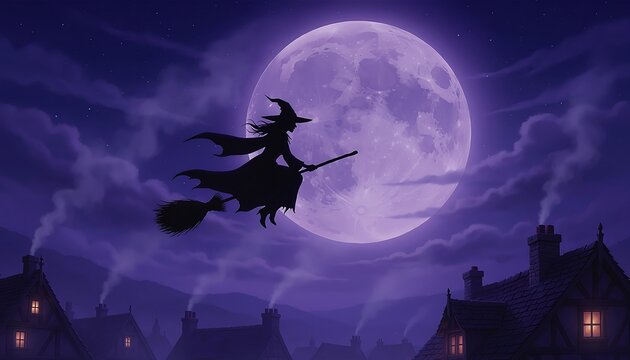 Witch flying broomstick silhouette against large full purple moon and dark night sky over village rooftops with smoking chimneys, spooky Halloween fantasy illustration.