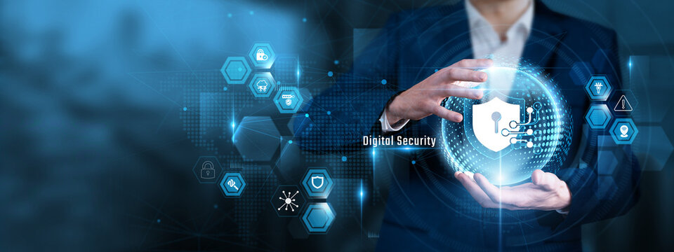 Businessman Hand Hold Digital Security and global Cyber Data Protection, Encrypted Firewall Network, Identity Verification System, Information Defense, Privacy Protection Interface