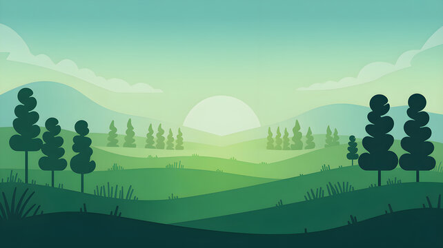 Flat vector illustration of a peaceful green countryside landscape with rolling hills and sunrise