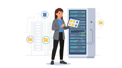 Obraz premium IT Professional Managing Server Room Data with Tablet, Data Center Technology Concept