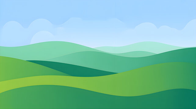 Flat vector illustration of a peaceful green countryside landscape with rolling hills and sunrise