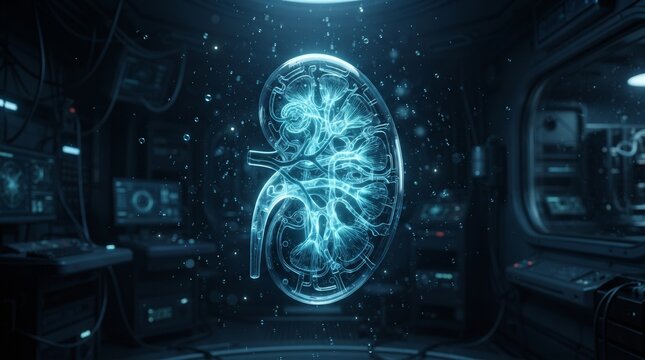 Futuristic artificial kidney model displaying an intricate glowing nephron network, illuminated in electric cyan and ice blue to visualize renal filtration and biotechnology.