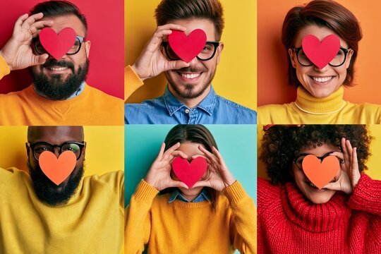 Diverse group of smiling people holding red paper hearts in front of their eyes against colorful bac