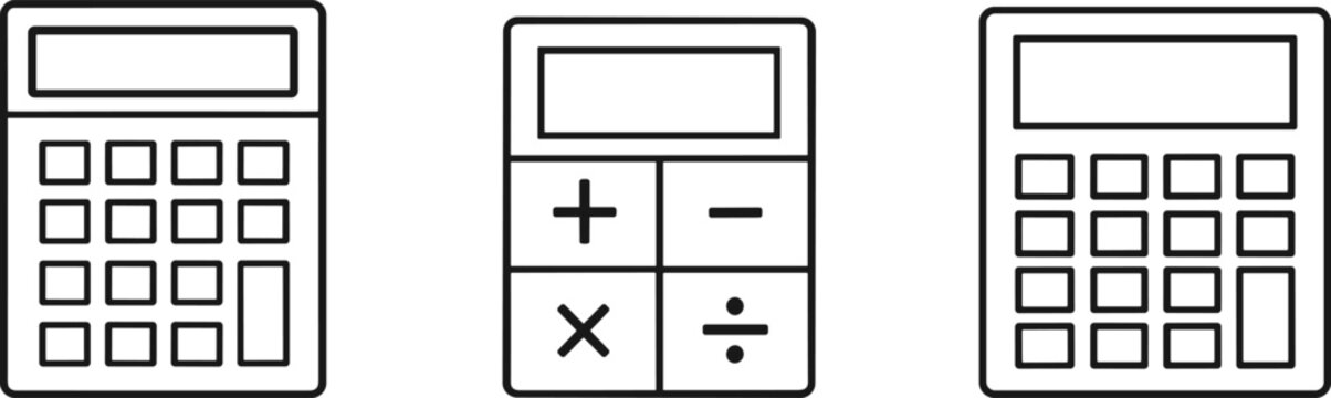 Black Outline Calculator Icon Set with Number Buttons and Math Symbols